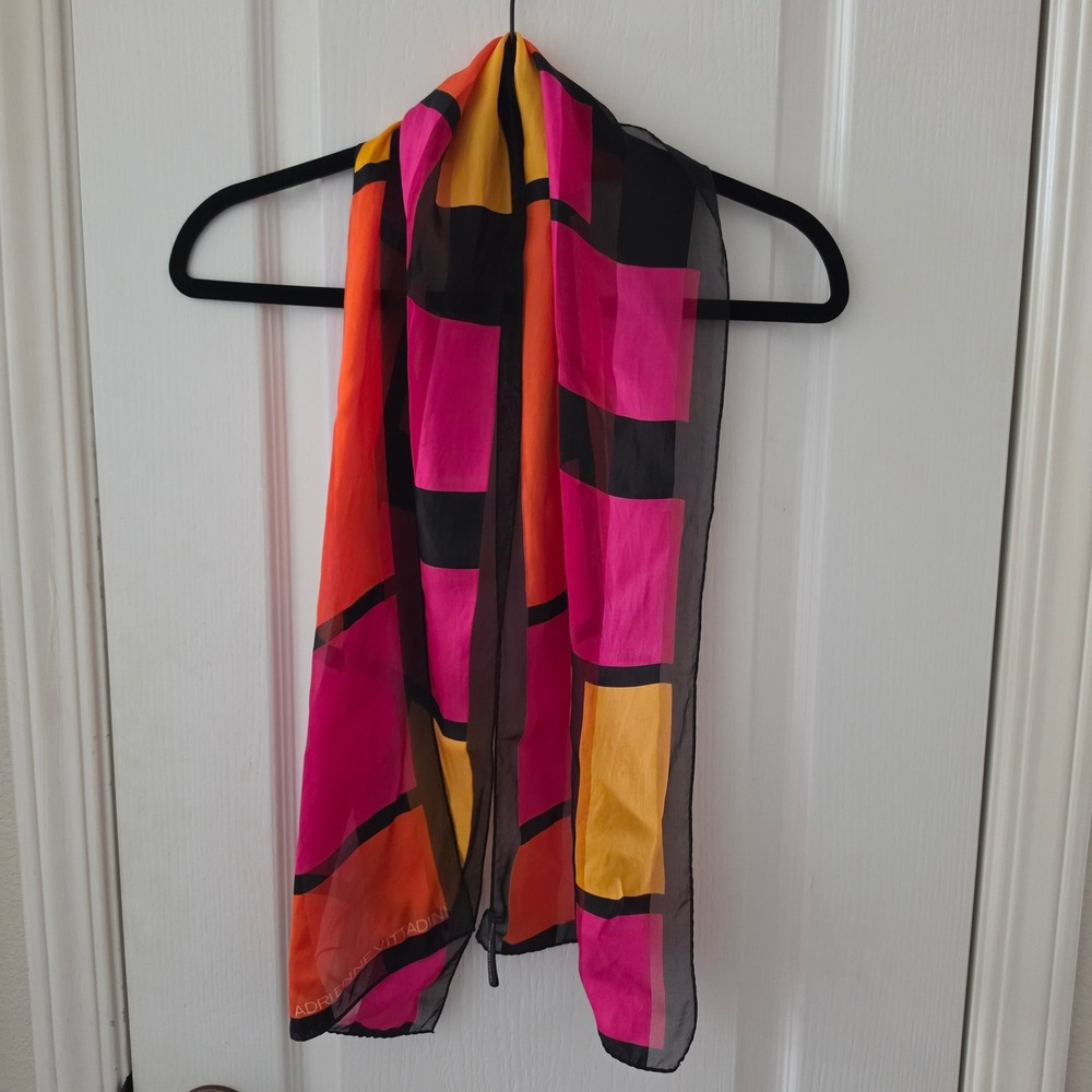 Adrienne Vittadini Vintage Silk Scarf Pink Orange Geometric Colorblock Long